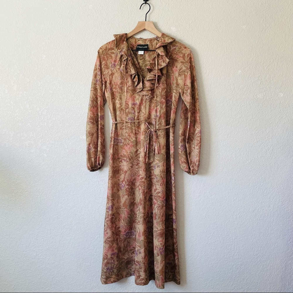 Vintage Straight Lane 70s/80s Tan Pink Ruffle Neck Midi Dress